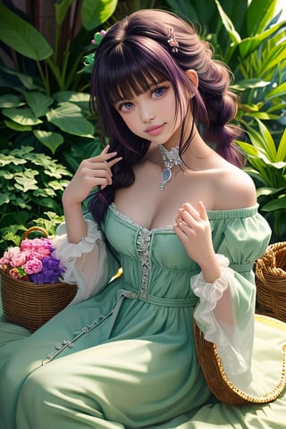 Masterpiece, beautiful details, perfect focus, 8K, high resolution, exquisite texture in every detail, 1girl, solo, looking at viewer, blush, smile, bangs, blue eyes, hair ornament, purple hair, hair rings, twin braids, hair flower, hair ribbon, hair between eyes, (best quality,ultra-detailed,cute animals,vivid colors,soft lighting,digital illustration,fluffy fur,playful expressions,adorable poses,dreamy atmosphere, colorful surroundings), (art by Makoto :1.5), digital art, child, cute cat, 16K, cool wallpaper, things, jasmine, pillows, clutter, toy, basket, wood, pot, can, copper, garden yard, smile, sharp focus, HDR,Add more details