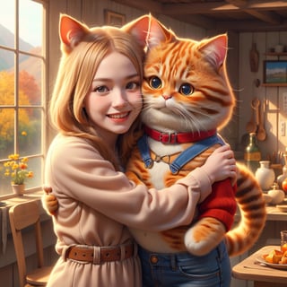 Whimsical folk art picture of a (little girl) and (cat) hugging each other.
,Perfect skin,
(masterpiece,more detail:1.1), (best quality:1.3), 
,photorealistic