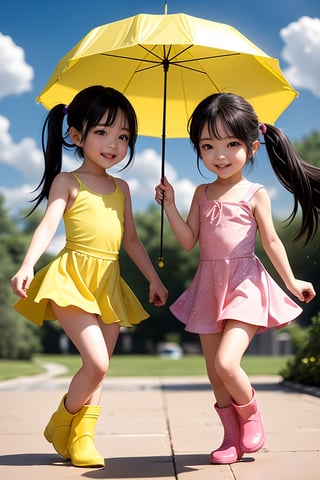 Two girls playing in puddles wearing rain boots. In the center of the puddles, there is a clear reflection of the transparent water surface with bright light reflecting upon it. The girls are dressed in yellow raincoats and wearing boots, allowing them to play in the puddles without getting wet. One of them is an energetic girl with her hair tied up in pigtails, while the other has cute short twin tails. Holding hands, they jump and frolic, creating splashes of water. The weather is fine after the rain, and a vibrant rainbow stretches across the background. The colors of the rainbow harmonize with the girls' smiles, creating a joyful atmosphere.