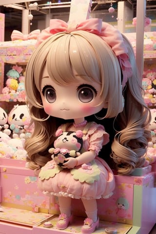 1girl, best quality, ultra-detailed, (((masterpiece))), (((best quality))), extremely detailed, ((claw machine)), ((claw is clamping a doll box up)), hand on bottom panel, control joystick and press button with hand, cleavage, big tits, ribbon, beige lace overalls, black updo longhair, shy, blush, petite figure proportion, claw machine, Glittering, cute and adorable, (perfect lighting, perfect shadow), wide shot, dreamlike scenery, Realism, blending colors,vibrant hues, amazing photo, wearing dress pretty ruffle, cute shoe, hug pillow heart, holding cute doll, Chibi, chibi,UFOCatcher