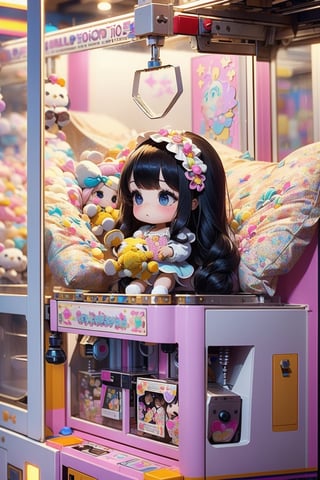 1girl, best quality, ultra-detailed, (((masterpiece))), (((best quality))), extremely detailed, ((claw machine)), ((claw is clamping a doll box up)), hand on bottom panel, control joystick and press button with hand, cleavage, big tits, ribbon, beige lace overalls, black updo longhair, shy, blush, petite figure proportion, claw machine, Glittering, cute and adorable, (perfect lighting, perfect shadow), wide shot, dreamlike scenery, Realism, blending colors,vibrant hues, amazing photo, wearing dress pretty ruffle, cute shoe, hug pillow heart, holding cute doll, Chibi ,UFOCatcher,