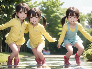 ultra-detailed, realistic, (photorealistic:1.37), (illustration:1.2), Two girls playing in puddles wearing rain boots. In the center of the puddles,  there is a clear reflection of the transparent water surface with bright light reflecting upon it. The girls are dressed in yellow raincoats and wearing boots,  allowing them to play in the puddles without getting wet. One of them is an energetic girl with her hair tied up in pigtails,  while the other has cute short twin tails. Holding hands,  they jump and frolic,  creating splashes of water. The weather is fine after the rain,  and a vibrant rainbow stretches across the background. The colors of the rainbow harmonize with the girls' smiles,  creating a joyful atmosphere,  colorful wear,  (adorable difference face:1.4),  colorful,  (photo-realisitc),  night background,  small town, exposure blend,  medium shot,  bokeh,  (hdr:1.4),  high contrast,  (cinematic, teal and green:0.85),  (muted colors, dim colors,  soothing tones:1.3),  low saturation, science fiction, NAO