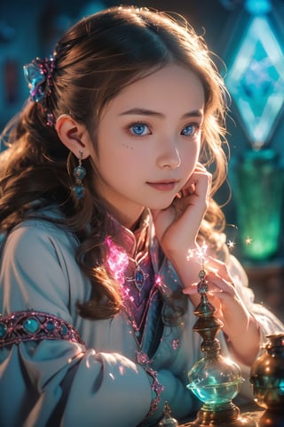 ((1girl, 12year old girl:1.5)),loli, petite girl, beautiful shining body, bangs,((darkbrown hair:1.3)),(aquamarine eyes), (perfect face),  top quality,  (official art :1.2),  (HDR:1.4),  UHD,  (beautiful and aesthetic:1.2),  high definition,  high quality,  detailed face,  high resolution,  highly detailed,  extremely detailed background,  (ultra detailed),  perfect lighting,  (photorealistic :1.37),  (8k, 16K,  best quality,  masterpiece:1.2),  (ultra highres:1.0), realistic,  epic, 1girl, really cute young ginger girls' smiles, creating a joyful atmosphere, potion mistress, magic, (lots of colorful potions :1.3), glowy smoke, tetradic colors, bubly, (detailed alchemist room:1.6), volumetric lights,  very detailed potions and alchemy laboratory scenery,  colorful,  dynamic,  visually rich,  whimsical,  fairy tale, 
(long hair,  cute hairstyle:1.5), absurdres,  (cinematic shot:1.4),  (muted colors,  dim colors,  soothing tones:1.3) ,dynamic angle, wide shot, the source of light is the moon light,happiness,  (perfect hands, perfect fingers, nice hands :1.4),  big dream eyes, (perfect body:1.4), glass, Realistic, (atelier style:1.3),1girl,ice,Betty