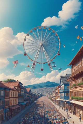 (ultra detailed, ultra highres), (masterpiece, top quality, best quality, official art :1.4), (high quality:1.3), cinematic, wide shot, (muted colors, dim colors), A whimsical cityscape under a bright blue sky with fluffy clouds and butterflies. The city features traditional wooden buildings and a fantastical structure that combines a castle, a pagoda, and a Ferris wheel. The colors are vibrant and detailed. 4k, Ghiblism2-Ghibli, GhiblismDetailed2, Ghiblismkw2 extremely detailed CG, photorealistic,