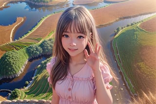 (ultra detailed, ultra highres), (masterpiece, top quality, best quality, official art :1.4), (high quality:1.3), cinematic, (muted colors, dim colors), (perfect eyes, perfect face:1.3), long-lenses photograph, realistic, UHD, 16K, 8K, warm glow, with mountains and valleys, stunning light, wind is blowing, sharp focus, extremely detailed CG, (perfect hands, perfect fingers, nice hands), photorealistic, (1girl with shiny long hair:1.4), (wearing a cute pink dress, puffy short sleeves, frills:1.2), detailed clothing, (smile), (waving one arm:1.2), (looking at camera:1.3), intricate detailed, detailed complex background, (highest quality, extreme detailed, official art, beautiful and aesthetic:1.2), (1girl), solo, Autumn, blue sky, white clouds, (Vivid, colorful rice terraces with no crops, Vivid, colorful rice terraces:1.4), top view, forest covered in autumn leaves , The colors are vibrant and detailed. extremely detailed CG, photorealistic,colorful, wrenchfaeflare,t5_face,meloncat,blue_IDphoto,grass,more detail 