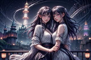 (best quality), (extremely detailed CG unity 8k wallpaper:1.1), (colorful:0.9),(panorama shot:1.4),upper body,looking at viewer,from above, 2 girls hugging each other,15yo, cosplay, (Disney land Tokyo :1.4), fun,smile, happiness, Nature, colorful, exposure blend, medium shot, bokeh, high contrast, (muted colors, dim colors, soothing tones:1.3), low saturation, Adorable cloth, shiny, luxury red off the shoulder full skirt vintage swing dress, (high quality:1.3), (masterpiece, best quality:1.4), (ultra detailed, 8K, 4K, ultra highres), (Beautifully Detailed Face and Fingers), (Five Fingers) Each Hand, nice hands, (perfect fingers, perfect hands :1.3), sharp focus, professional dslr photo, (Photorealistic:1.4), UHD, HDR, volumetric fx, (((intricate details))), extremely detailed CG, cinematic photo, perfect photography, professional, perfect sky, shiny, glitter, gradient color all fluentcolor, colorful, (professional photograpy:1.1),child