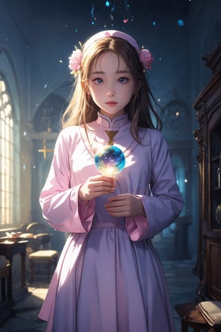 1girl, solo, (masterpiece), (absurdres:1.3), (ultra detailed), HDR, UHD, 16K, ray tracing, vibrant eyes, perfect face, award winning photo, beautiful, shiny skin, (highly detailed), clear face, teenage cute delicate girl, (shy blush:1.1), (high quality, high res, aesthetic:1.1), (dynamic action pose:1.3) ,slightly smile, lens flare, photo quality, big dream eyes, ((perfect eyes, perfect fingers)), iridescent brown hair, vivid color, perfect lighting, perfect shadow, realistic, stunning light, (atmosphere :1.6), nice hands, insane details ,high details ,kawaii, (extra wide shot: 1.8)

(Sharp focus realistic illustration:1.2), a giant glass sphere containing a small ecosystem, surrounded by measurement devices is installed in large-scale factory, a girl Priest stands next to the sphere, divine magic, sacred texts, ceremonial robes, incense, healing spells, blessing rituals, BREAK intricate illustrations, delicate linework, fine details, whimsical patterns, enchanting scenes, dreamy visuals, captivating storytelling, church and stain glass background, messy interior, book, elemental, feature,Alouette_La_Pucelle,emilia (re:zero),flower, ((pink gold style)),