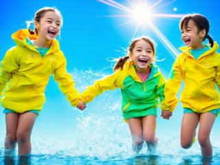 ((Semi realistic)), (anime illustration :1.2),  there is a clear reflection of the transparent water surface with bright light reflecting upon it. The girls are dressed in yellow raincoats and wearing boots,  allowing them to play in the puddles without getting wet. One of them is an energetic girl with her hair tied up in pigtails,  while the other has cute short twin tails. Holding hands,  they jump and frolic,  creating splashes of water. The weather is fine after the rain,  and a vibrant rainbow stretches across the background. The colors of the rainbow harmonize with the girls' smiles,  creating a joyful atmosphere,  colorful wear,  (adorable difference face:1.4),  colorful,  (photo-realisitc),  night background,  exposure blend,  medium shot, bokeh, (hdr:1.4),  high contrast, (cinematic, teal and green:0.85),  (muted colors, dim colors,  soothing tones:1.3),  low saturation, science fiction, NAO,Realism
