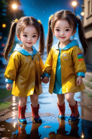 HDR, UHD, 16K, ultra detailed, (masterpiece, top quality, best quality, official art :1.2),( high res:1.2)(photorealistic:1.37), beautiful Two girls playing in puddles wearing rain boots. In the center of the puddles,  there is a clear reflection of the transparent water surface with bright light reflecting upon it. The girls are dressed in yellow raincoats and wearing boots,  allowing them to play in the puddles without getting wet. One of them is an energetic girl with her hair tied up in pigtails,  while the other has cute short twin tails. Holding hands,  they jump and frolic,  creating splashes of water. The weather is fine after the rain,  and a vibrant rainbow stretches across the background,  creating a joyful atmosphere,  Dark night,  wind blowing,  stary night,  night sky,  absurderes,  high resolution,  Ultra detailed backgrounds,  highly detailed hair,  Calm tones,  (Geometry:1.42), (Symmetrical background:1.4),  Photograph the whole body,  from below,  Backlighting of natural light,  falling petals,  the source of light is the moon light,  colorful wear,  (adorable difference face:1.4), (sharp focus:1.3), cyberpunk style,apex realistic XL