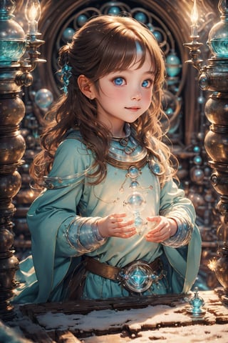 ((1girl, 6year old girl:1.5)),loli, petite girl, beautiful shining body, bangs,((darkbrown hair:1.3)),(aquamarine eyes), (perfect face),  top quality,  (official art :1.2),  (HDR:1.4),  UHD,  (beautiful and aesthetic:1.2),  high definition,  high quality,  detailed face,  high resolution,  highly detailed,  extremely detailed background,  (ultra detailed),  perfect lighting,  (photorealistic :1.37),  (8k, 16K,  best quality,  masterpiece:1.2),  (ultra highres:1.0), realistic,  epic, 1girl, really cute young ginger girls' smiles, creating a joyful atmosphere, potion mistress, magic, (lots of colorful potions :1.3), glowy smoke, tetradic colors, bubly, (detailed alchemist room:1.6), volumetric lights,  very detailed potions and alchemy laboratory scenery,  colorful,  dynamic,  visually rich,  whimsical,  fairy tale, 
(long hair,  cute hairstyle:1.5), absurdres,  (cinematic shot:1.4),  (muted colors,  dim colors,  soothing tones:1.3) ,dynamic angle, wide shot, the source of light is the moon light,happiness,  (perfect hands,  perfect fingers :1.4),  big dream eyes, (perfect body:1.4), glasstech, Realistic, (atelier style:1.3), Sect,1girl,ice