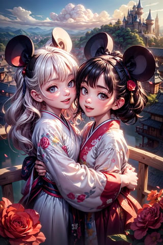 (best quality),(masterpiece:1.1),(extremely detailed CG unity wallpaper:1.1), (colorful:0.9),(panorama shot:1.4),upper body,looking at viewer,from above,japanese,2 girls hugging each other,15yo,mickey mouse,disney land,fun,smile, flowers (innocent grey), 16K, UHD, HDR, rose, twilight, perfect shadow, perfect fingers, perfect face,