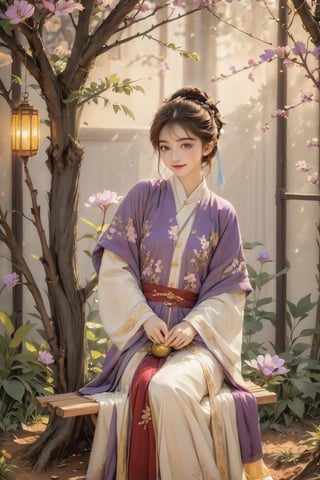 Beautiful 1girl, ((12 years old)), (masterpiece, top quality, best quality, official art, beautiful and aesthetic:1.2), (executoner), extreme detailed, colorful, highest detailed ((ultra-detailed)), (highly detailed CG illustration), ((an extremely delicate and beautiful)), cinematic light, niji style, Chinese house style, in the morning light, maple tree bloom, sunray through the leaves, beautiful eyes, ((light brown eyes)), perfect face, smiling happily, 32k ultra high definition, Pixar movie scene style, realistic high quality Portrait photography, eternal beauty, the lantern behind her emits a soft light, beautiful and dreamy, the flowers are in bloom, and the light bokeh serves as the background, (bronze eyes:1.4), ((purple and yellow hues)), cute animal winterhanfu, holding object, funny pose, (sitting on a tree swing:1.5), swing on swing, outside,