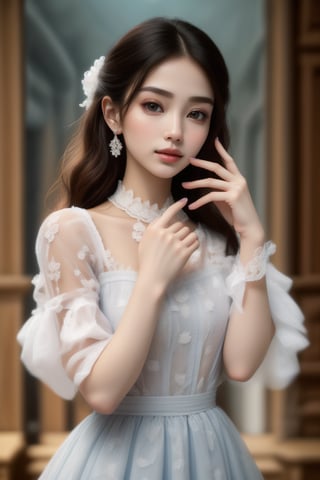 ultra detailed,  (masterpiece,  top quality,  best quality,  official art, perfect face:1.2),  UHD,(cinematic, azure and light pink:0.85), 32K, (Beautifully Detailed Face and Fingers), (Five Fingers) Each Hand,  (muted colors,  dim colors), vanilla dress, young beautiful girl, dynamic posing, old Library, magic, potions shop, art, 1girl, Haute_Couture,AoiDef,