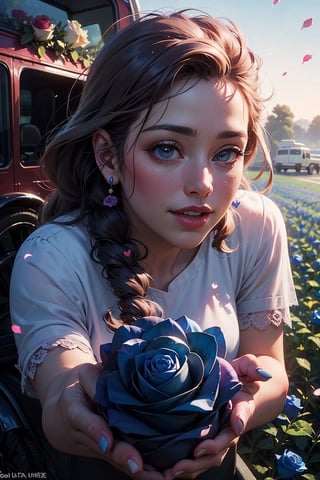 rose in object, ultra detailed, (masterpiece, top quality, best quality, official art, perfect face:1.2), UHD, (cinematic, azure and light pink:0.85), (muted colors, dim colors), falling petals, purple roses, multicolor rose, happiness, (action hearts:1.4), (full field roses :1.4), (blue rose in recreation Vehicle: 1.5), flowers, rose,Nature