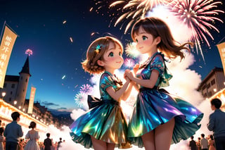 People,  girl,  boy,  The parade float has signs welcoming the New Year,  the atmosphere is fun and full of happiness. The sky was filled with colorful fireworks. In the front is a couple facing each other (Realistic:1.4),  illustration,  Adorable cloth, bioluminescent dress,shiny   (high quality:1.3),  (masterpiece,  best quality:1.4),  (ultra detailed,  8K,  4K,  ultra highres),  sharp focus,  professional dslr photo,  photoreal,  (Photorealistic:1.4),  UHD,  HDR,  volumetric fx,  ray tracing,  (((intricate details))),  extremely detailed CG,  perfect anatomy,  perfect face,  beautiful,  cinematic photo,  romantic tone,  vibrant colors,  perfect photography,  professional,  perfect sky,  In front are dear friends hugging each other happily,  ((text as "Happy New Year 2024",  brush cute style, copper style)),  Text,  bioluminescent dress,shiny , glitter, gradient color all fluentcolor transparent cloth, bioluminescent dress,shiny, (professional photograpy:1.1), ,(anime),(anime style)