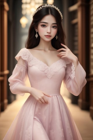 ultra detailed,  (masterpiece,  top quality,  best quality,  official art, perfect face:1.2),  UHD,(cinematic, azure and light pink:0.85), 32K, (Beautifully Detailed Face and Fingers), (Five Fingers) Each Hand,  (muted colors,  dim colors), vanilla dress, young beautiful girl, dynamic posing, old Library, magic, potions shop, art, 1girl, Haute_Couture,AoiDef,