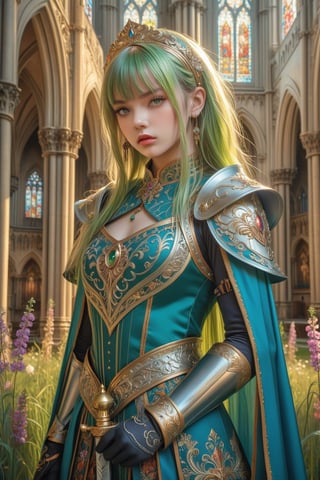 masterpiece, official art, ((ultra detailed)), (ultra quality), high quality, perfect face, 1 girl with long hair, blond-green hair with bangs, bronze eyes, detailed face, wearing a fancy ornate (((folk dress))), shoulder armor, armor, glove, hairband, hair accessories, striped, (holding the great weapon:1.37), jewelery, thighhighs, pauldrons, side slit, capelet, vertical stripes, looking at viewer, fantastical and ethereal scenery, daytime, church, grass, flowers. Intricate details, extremely detailed, incredible details, full colored, complex details, hyper maximalist, detailed decoration, detailed lines, best quality, HDR, dynamic lighting, perfect anatomy, realistic, more detail,
,Architectural100,style