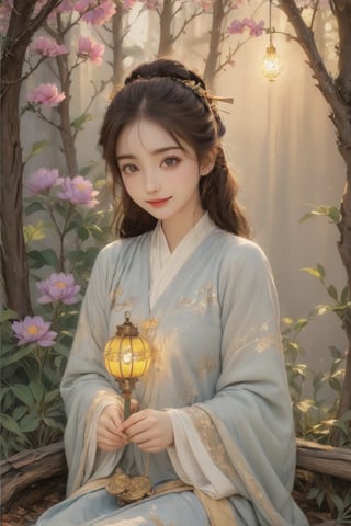 Beautiful 1girl, ((12 years old)), (masterpiece, top quality, best quality, official art, beautiful and aesthetic:1.2), (executoner), extreme detailed, colorful, highest detailed ((ultra-detailed)), (highly detailed CG illustration), ((an extremely delicate and beautiful)), cinematic light, niji style, Chinese house style, in the morning light, maple tree bloom, sunray through the leaves, beautiful eyes, ((light brown eyes)), perfect face, smiling happily, 32k ultra high definition, Pixar movie scene style, realistic high quality Portrait photography, eternal beauty, the lantern behind her emits a soft light, beautiful and dreamy, the flowers are in bloom, and the light bokeh serves as the background, (bronze eyes:1.4), ((purple and yellow hues)), cute animal winterhanfu, holding object, funny pose, (sitting on a tree swing:1.5), swing on swing, outside,