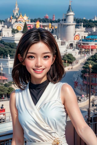 (best quality),(masterpiece:1.1),(extremely detailed CG unity wallpaper:1.1), (colorful:0.9),(panorama shot:1.4),upper body,looking at viewer,from above,2 girls ,15yo, (Disney cosplay), (Disney land Tokyo background :1.4), fun, smile, flowers (innocent grey), 16K, UHD, HDR, rose, twilight, perfect shadow, perfect fingers, perfect face, (dynamic action pose :1.4),