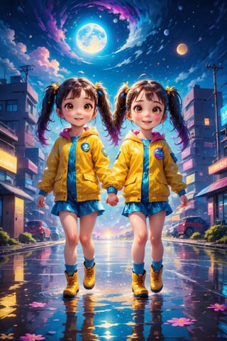 ultra detailed, (masterpiece, top quality, best quality, official art, beautiful and aesthetic:1.2),  Two girls playing in puddles wearing rain boots. In the center of the puddles,  there is a clear reflection of the transparent water surface with bright light reflecting upon it. The girls are dressed in yellow raincoats and wearing boots,  allowing them to play in the puddles without getting wet. One of them is an energetic girl with her hair tied up in pigtails,  while the other has cute short twin tails. Holding hands,  they jump and frolic,  creating splashes of water. The weather is fine after the rain,  and a vibrant rainbow stretches across the background,  creating a joyful atmosphere,  Dark night,  wind blowing,  stary night,  night sky,  absurderes,  high resolution,  Ultra detailed backgrounds,  highly detailed hair,  Calm tones,  (Geometry:1.42),  (Symmetrical background:1.4),  Photograph the whole body,  from below,  Backlighting of natural light,  falling petals,  the source of light is the moon light,  colorful wear,  (adorable difference face:1.4), (sharp focus:1.3), cyberpunk style