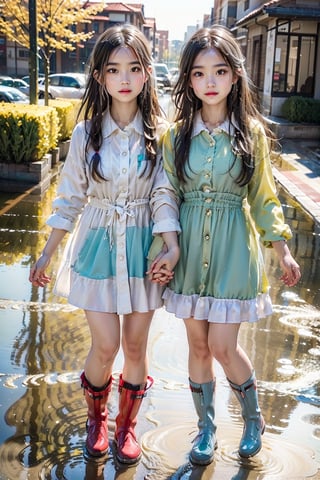 Raw photo, (Ultra realistic), (highly detailed eyes, highly detailed face), (ultra detailed:1.4), realistic, (photorealistic:1.37), (illustration:1.2), Two girls playing in puddles wearing rain boots. In the center of the puddles,  there is a clear reflection of the transparent water surface with bright light reflecting upon it. The girls are dressed in yellow raincoats and wearing boots,  allowing them to play in the puddles without getting wet. One of them is an energetic girl with her hair tied up in pigtails,  while the other has cute short twin tails. Holding hands,  they jump and frolic,  creating splashes of water. The weather is fine after the rain,  and a vibrant rainbow stretches across the background. The colors of the rainbow harmonize with the girls' smiles,  creating a joyful atmosphere,  colorful wear,  (adorable difference face:1.4),  colorful,  (photo-realisitc),  night background,  exposure blend, medium shot, bokeh, (hdr:1.4), high contrast, (cinematic, teal and green:0.85),  (muted colors, dim colors,  soothing tones:1.3), low saturation, (perfect hands, perfect fingers :1.5), cinematic light, depth of fields, twilight, science fiction, NAO,girl,woman