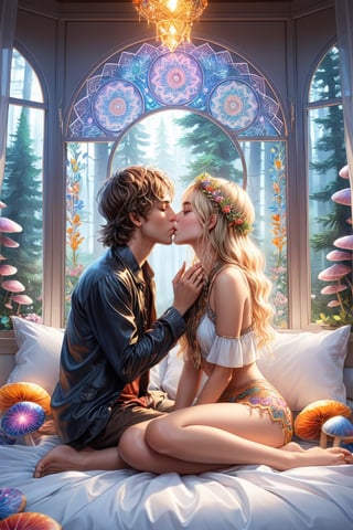 picture of a (girl and a boy kissing on the bed),  blonde boy,  sitting on the bed,  close up,  cheek hold,  faces close,  holding face,  cheek carassing, blushing,  innocent,  beautiful kiss,  sweet,  caring,  cute,  passionate,  intimate,  love,  positive,  jewerly,  casual cozy room,  full body,  great anatomy,  casual hippie attire,  relaxed,  mandalas, fantasy shapes and waves,  colorful,  mushroom decoration, good proportions, smooth skin, window with forest, (dynamic angle),  beautiful light,  high contrast,  highly detailed, 4k, 8k, HD,  crispy,  masterpiece, digital art,  beautiful,  high focus, very warm tones, (Beautifully Detailed Face and Fingers), (Five Fingers for Each Hand), (5fingers, detailed hand:1.2),(fine fingers, real hands, real fingers :1.5) ,brown eyes,sexy scenery, topless,fantasydi,More Reasonable Details