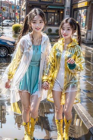 Raw photo, (Ultra realistic), (highly detailed eyes, highly detailed face), (ultra detailed:1.4), realistic, (photorealistic:1.37), (illustration:1.2), Two girls playing in puddles wearing rain boots. In the center of the puddles,  there is a clear reflection of the transparent water surface with bright light reflecting upon it. The girls are dressed in (yellow raincoats:1.4) and wearing boots, allowing them to play in the puddles without getting wet. One of them is an energetic girl with her hair tied up in pigtails,  while the other has cute short twin tails. Holding hands,  they jump and frolic,  creating splashes of water. The weather is fine after the rain,  and a vibrant rainbow stretches across the background. The colors of the rainbow harmonize with the girls' smiles,  creating a joyful atmosphere,  colorful wear,  (adorable difference face:1.4),  colorful,  (photo-realisitc),  night background,  exposure blend, medium shot, bokeh, (hdr:1.4), high contrast, (cinematic, teal and green:0.85),  (muted colors, dim colors,  soothing tones:1.3), low saturation, (perfect hands, perfect fingers :1.5), cinematic light, depth of fields, twilight,