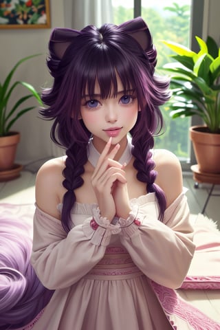 Masterpiece, beautiful details, perfect focus, 8K, high resolution, exquisite texture in every detail, 1girl, solo, looking at viewer, blush, smile, bangs, blue eyes, hair ornament, purple hair, hair rings, twin braids, hair flower, hair ribbon, hair between eyes, (best quality,ultra-detailed,cute animals,vivid colors,soft lighting,digital illustration,fluffy fur,playful expressions,adorable poses,dreamy atmosphere, colorful surroundings), (art by Makoto :1.5), digital art, child, cute cat, 16K, cool wallpaper, things, jasmine, pillows, clutter, toy, basket, wood, pot, can, copper, garden yard, smile, sharp focus, HDR,Add more details