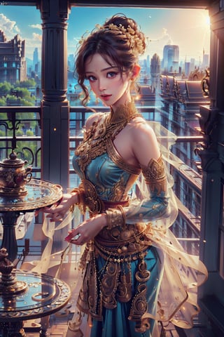 1girl, perfect face, (best quality, masterpieces:1.3), (beautiful and aesthetic:1.2), colorful, dynamic angle, (Realistic:1.4), illustration, (high quality:1.3), (ultra detailed, ultra highres), 32K, (Beautifully Detailed Face and Fingers), (Five Fingers) Each Hand, sharp focus, professional dslr photo, photoreal, Thai house style, (the balcony outside the room, table with hot tea, Thai food style, sweet desserts :1.5), See the evening view, forehead jewel, rose jewelry, volumetric fx, ray tracing, (((intricate detailed))), extremely detailed CG, (hyper realism, soft light, dramatic light, sharp, HDR), nice hands, perfect image, vivid color, (official art, extreme detailed, highest detailed), (dynamic action pose :1.4),more detailed, colorful sky azure and crimson, 1girl, cute hair bun style, (((Thailand dress costume))), Wonder of Art and Beauty, Romantic tone, ,best quality,Dream, long skirt,glasstech,coexistence of day and night,cute
