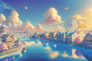 (1girl :1.5), front shot, adorable, (ultra detailed, ultra highres), (masterpiece, top quality, best quality, official art :1.4), (high quality:1.3), cinematic, wide shot, (muted colors, dim colors), A whimsical cityscape under a bright blue sky with fluffy clouds and butterflies. The city features traditional wooden buildings and a fantastical structure that combines a castle, a pagoda, (and a Ferris wheel). The colors are vibrant and detailed. 4k, Ghiblism2-Ghibli, GhiblismDetailed2, Ghiblismkw2 extremely detailed CG, photorealistic,Anitoon2,Pastel color,flower