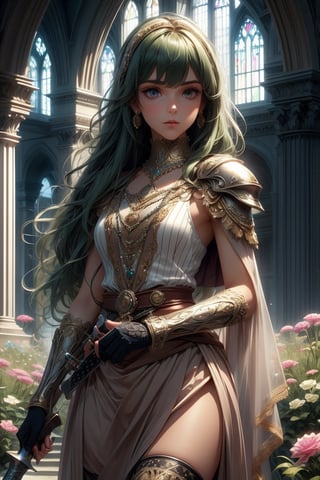 masterpiece, official art, ((ultra detailed)), (ultra quality), high quality, perfect face, A girl with long hair, blond-green hair with bangs, bronze eyes, detailed face, wearing a fancy ornate (((folk dress))), shoulder armor, armor, glove, hairband, hair accessories, striped, (holding the great weapon:1.6), jewelery, thighhighs, pauldrons, side slit, capelet, vertical stripes, looking at viewer, fantastical and ethereal scenery, daytime, church, grass, flowers. Intricate details, extremely detailed, incredible details, full colored, complex details, hyper maximalist, detailed decoration, detailed lines, best quality, HDR, dynamic lighting, perfect anatomy, realistic, more detail,