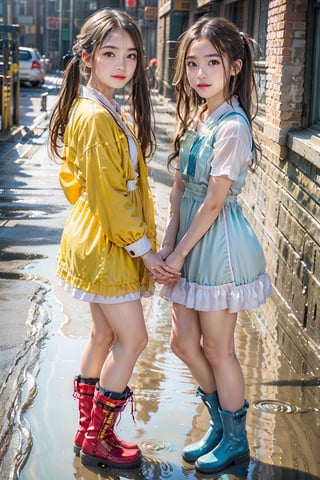 Raw photo, (Ultra realistic), (highly detailed eyes, highly detailed face), (ultra detailed:1.4), realistic, (photorealistic:1.37), (illustration:1.2), Two girls playing in puddles wearing rain boots. In the center of the puddles,  there is a clear reflection of the transparent water surface with bright light reflecting upon it. The girls are dressed in yellow raincoats and wearing boots,  allowing them to play in the puddles without getting wet. One of them is an energetic girl with her hair tied up in pigtails,  while the other has cute short twin tails. Holding hands,  they jump and frolic,  creating splashes of water. The weather is fine after the rain,  and a vibrant rainbow stretches across the background. The colors of the rainbow harmonize with the girls' smiles,  creating a joyful atmosphere,  colorful wear,  (adorable difference face:1.4),  colorful,  (photo-realisitc),  night background,  exposure blend, medium shot, bokeh, (hdr:1.4), high contrast, (cinematic, teal and green:0.85),  (muted colors, dim colors,  soothing tones:1.3), low saturation, (perfect hands, perfect fingers :1.5), cinematic light, depth of fields, twilight, science fiction, NAO,girl,woman