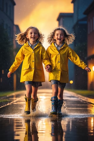 ultra detailed, (masterpiece, top quality, best quality, official art, beautiful face:1.2), (photorealistic:1.37), UHD, HDR, 16K, 8K, beautiful girl, sharp focus, Two girls playing in puddles wearing rain boots. In the center of the puddles,  there is a clear reflection of the transparent water surface with bright light reflecting upon it. The girls are dressed in yellow raincoats and wearing boots,  allowing them to play in the puddles without getting wet. One of them is an energetic girl with her hair tied up in pigtails,  while the other has cute short twin tails. Holding hands,  they jump and frolic,  creating splashes of water. The weather is fine after the rain,  and a vibrant rainbow stretches across the background,  creating a joyful atmosphere,  Dark night,  wind blowing,  stary night,  night sky,  absurderes,  high resolution,  Ultra detailed backgrounds,  highly detailed hair,  Calm tones,  (Geometry:1.42), Photograph the whole body,  Backlighting of natural light,  falling petals,  the source of light is the moon light,  colorful wear,  (adorable difference face:1.4),An angel ,real_booster, cinematic moviemaker style,2d game scene