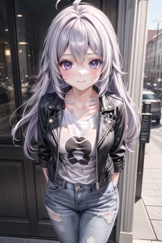 1girl,masterpiece,best quality,long hair, purple hair, ahoge, oversized t-shirt,gray ripped jeans , leather jacket, looking at viewer, facing viewer , cute smile , blush , closed mouth, from above, close view, arms behind back