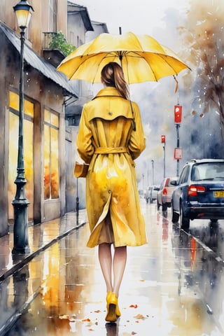 breathtaking ethereal watercolor painting of young beautiful woman wearing yellow coat and shoes with yellow umbrella walking in autumn rainy street . from back, full body shot