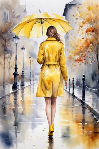 breathtaking ethereal watercolor painting of young beautiful woman wearing yellow coat and shoes with yellow umbrella walking in autumn rainy street . from back, full body shot