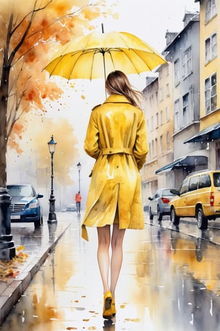 breathtaking ethereal watercolor painting of young beautiful woman wearing yellow coat and shoes with yellow umbrella walking in autumn rainy street . from back, full body shot