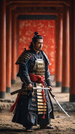 Masterpiece, high details, high accuracy, sharp, focus, best quality,An image of a Samurai with battle armor and a katana sword in an ancient and beautiful place،8k