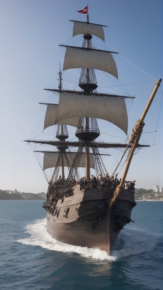 Imagine a pirate with sailors on a large warship, ready to plunder other ships