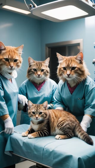 A picture of several cats in doctor's clothes in the operating room operating on a sick cat
