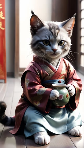A picture of a cat in Chinese clothes sitting on the floor and drinking tea