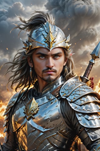 Masterpiece,wallpaper, Best Quality, (Best illustration), (Best Shade)، A warrior with a spear in his hand, heavy armor, silver and gold armor, steel poutine, long hair, polluted sky, plain,evening,4k