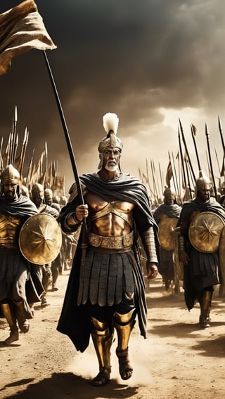 Xerxes leading a massive army, with banners fluttering in the wind, marching towards Greece. (Cinematic: Show the army advancing in a sweeping, epic shot with dramatic lighting) create hyperrealistic images