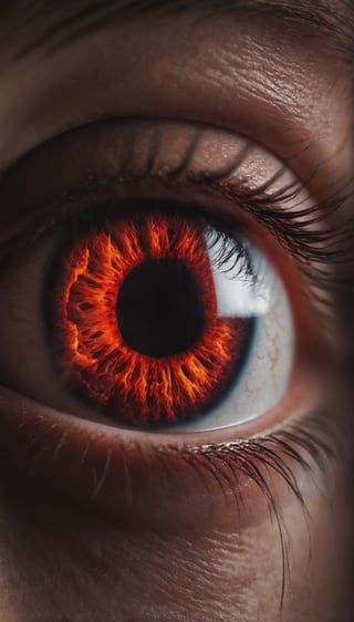 a close up of a woman's face with a red eye, red fire eyes, glowing fiery red eyes, bright fire eyes, fiery eyes, fire in eyes, fiery scorching red eyes, intense watery glowing red eyes, glowing red eyes, fire eyes, with glowing red eyes, red glowing eyes, red eyes glowing, fire through eyes, with red eyes glowing, fire through eyes, 3d render, octane, photorealistic