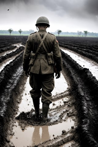 Imagine that a soldier in World War II, black sky, muddy ground, war conditions