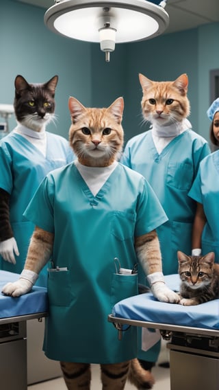 A picture of several cats in doctor's clothes in the operating room operating on a sick cat