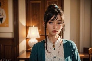 Protrait, photograph, androgynous hunnuman, oval jaw, delicate features, beautiful face, dreadlocked hair, long bangs, long ponytail, bright blue-green eyes, hindu art, standing behind the table, Korean