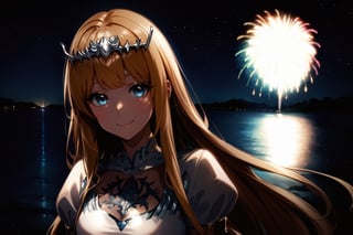 Generate hyper realistic image of a beautiful  celtic girl looking directly at the viewer.  ,light blue eyes, Sweet face and gaze, night time, firework background celebrated 1st anniversary, (intricate details), highly detailed, vibrant, production film, ultra high quality photography style, Extremely Realistic,anime,  1girl, solo, Calca, Calca Bessarez, blonde hair, extremely long hair, very long hair, white tiara, white dress, blue eyes, medium chest, smile, happy, mouth_open
