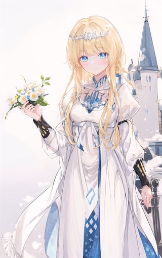 shiny, , holding, , castle background,, shiny hair, , looking at the viewer, smile, , shiny skin, bowtie, , , ,, blush,  shiny clothes,, floral background,  1girl, solo, Calca, Calca Bessarez, blonde hair, extremely long hair, very long hair, white tiara, white dress, blue eyes, medium chest,