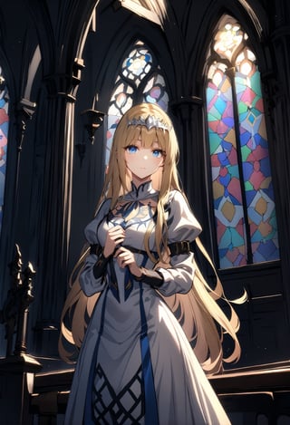 1girl, solo, long hair, looking at the viewer, , ,, highly detailed, best quality, absurd res, lighting, detailed, HDR, natural light, stained glass, indoor, in the gothic victorian style cathedral, Calca, solo, calca, blonde hair, medium chest, extremely long hair, very long hair, extra long hair, white tiara, white dress, blue eyes,Calca Bessarez